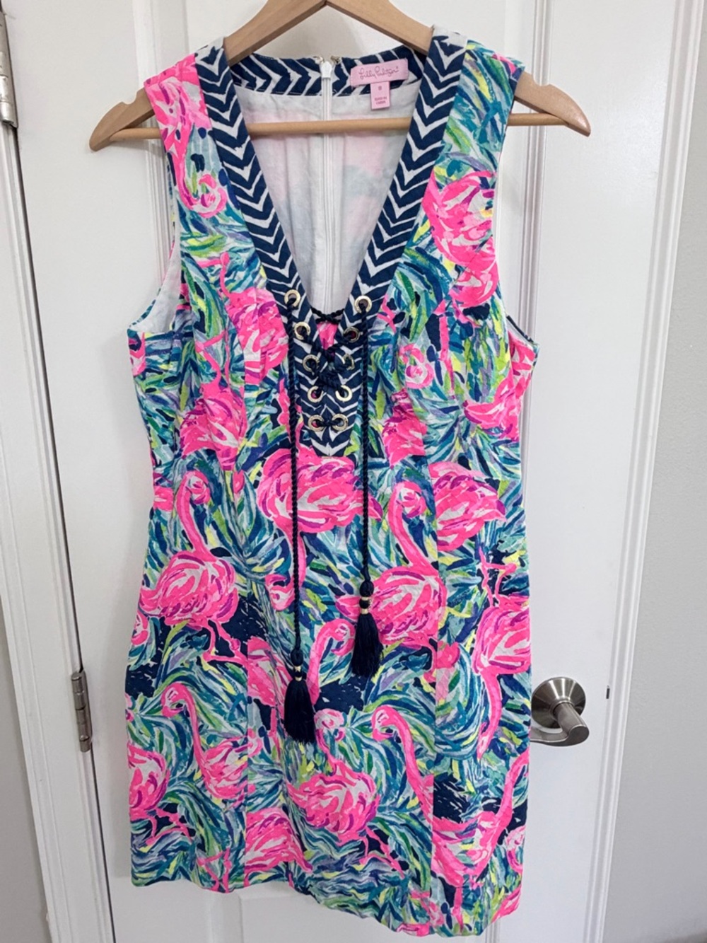 Lilly Pulitzer Navy, Hot Pink & Seafoam Lace-Up Flamingo Shift Dress